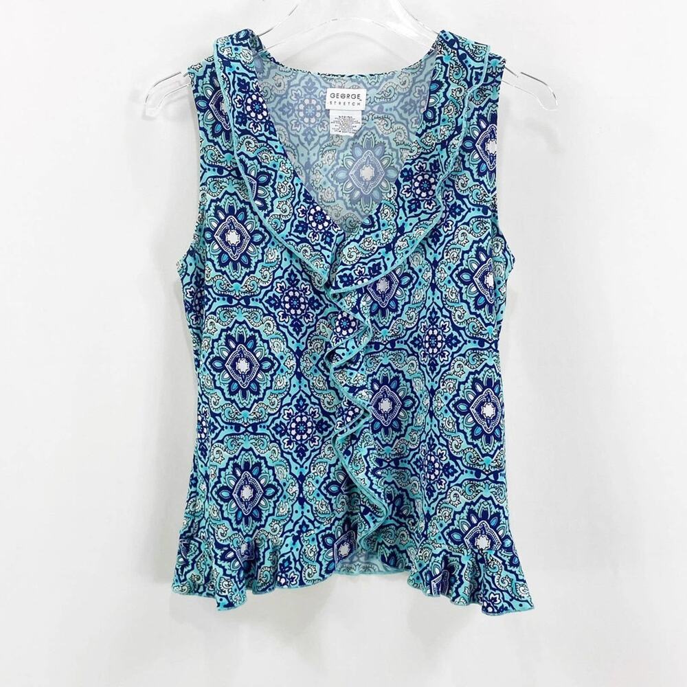 GEORGE Vintage 90s Blue Medallion V-Neck Sleeveless Blouse